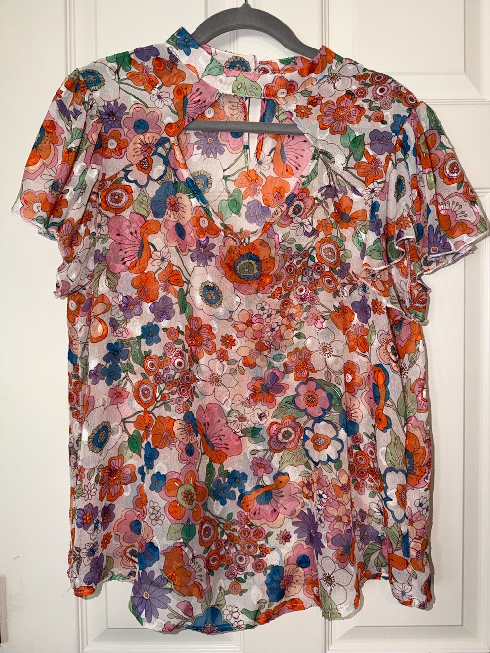 Stem & Vine Floral Multicolor Retro V-Neck Short Sleeve Blouse